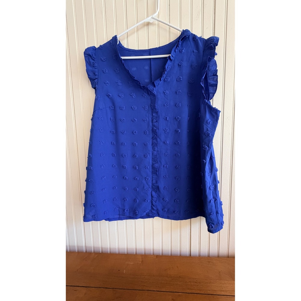 Royal Blue Swiss Dot Ruffle Trim Sleeveless Blouse Top 1XL